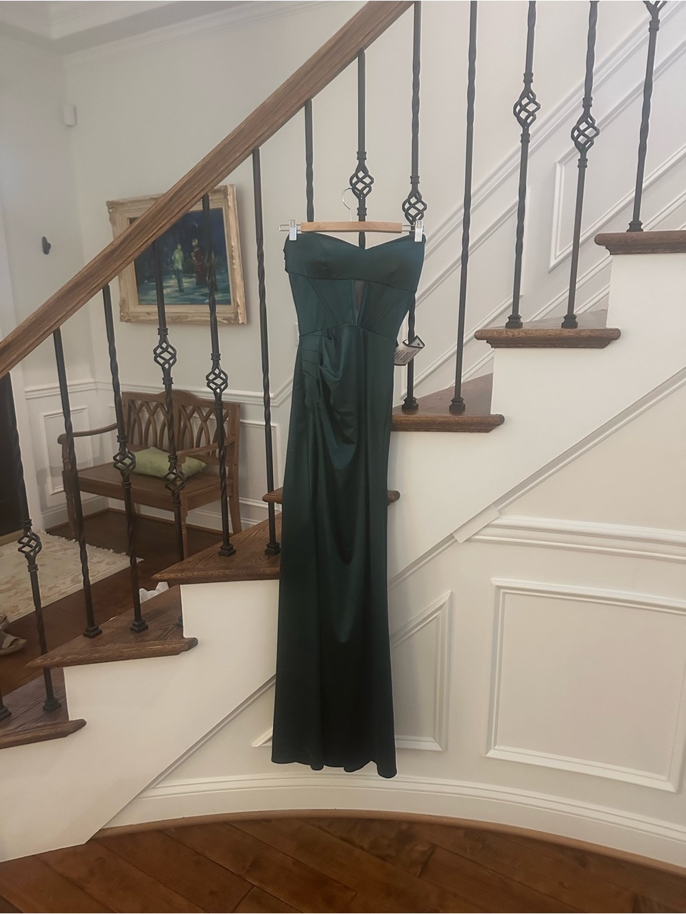 Macy's Strapless Forest Green Satin Prom Gown - Picture 3 of 8